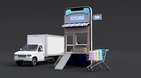 3d render Online delivery service concept, online order tracking, Logistics a Stock Illustration