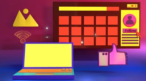 3D Render, online laptop browsing picture and follow Illustrazione stock