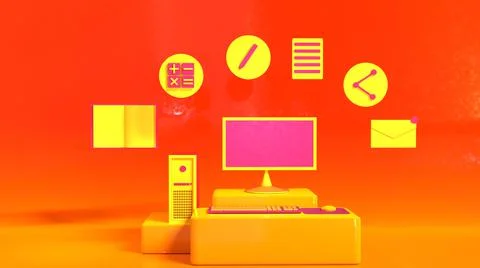 3D Render, online personal computer, with online icons イラスト素材