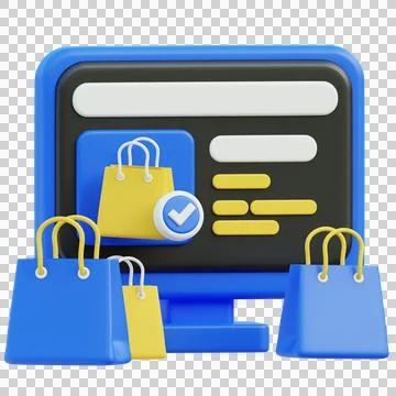 3D Render of Online Shopping Verification with Check Mark and Shopping Bags Stock Illustration
