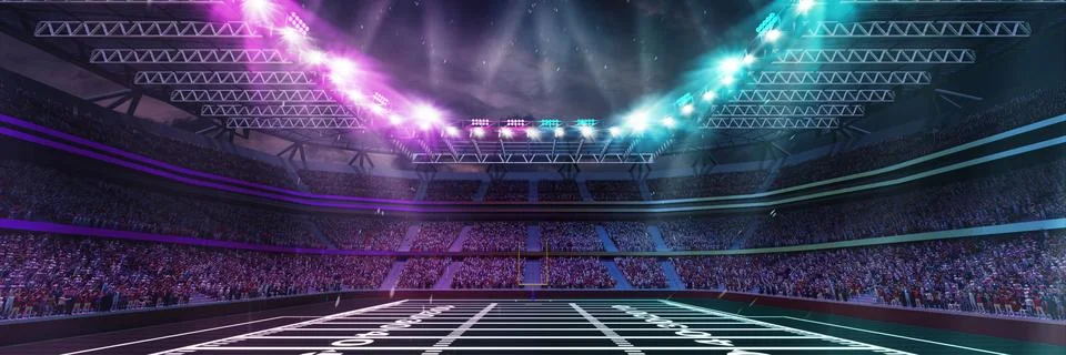 3D render of open air American football empty stadium with neon illumination and Stock Illustration