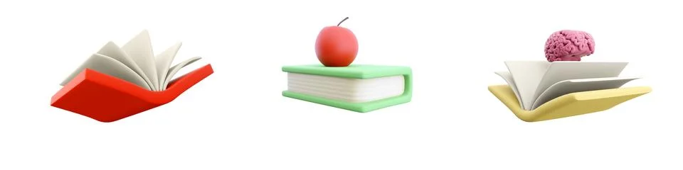 3d render open book, apple, brain icon set on white background. 3d rendering Stock Illustration