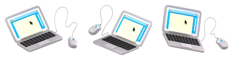 3d render open laptop fly in air, computer, mouse Stock Illustration