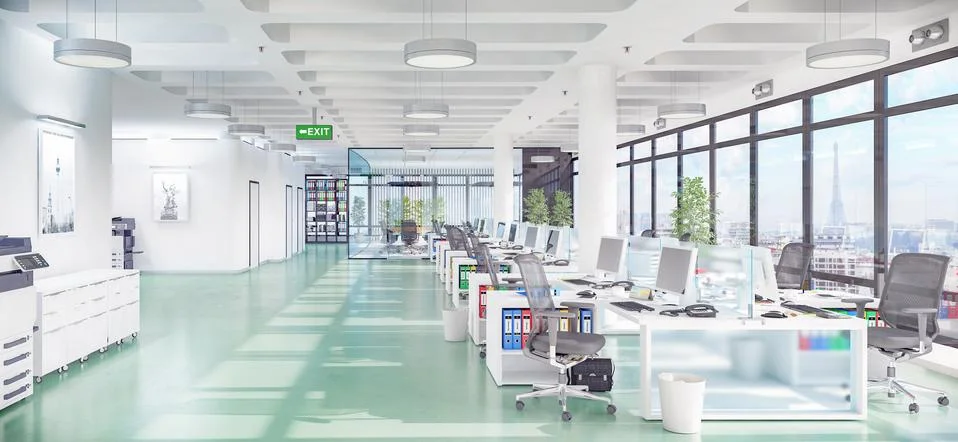 3d render - open plan office - office building Ilustración de archivo