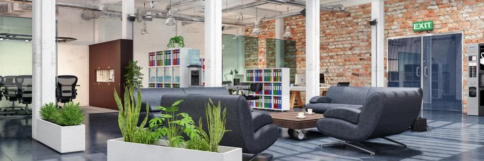 3d render - open plan office - office building Ilustración de archivo