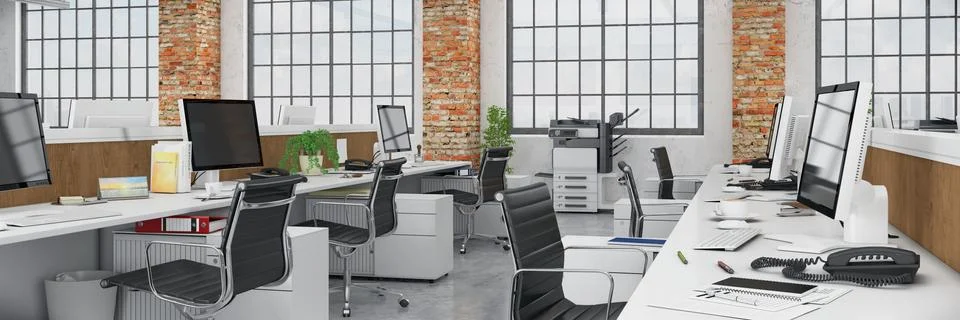 3d render - open plan office - office building - panorama Ilustración de archivo