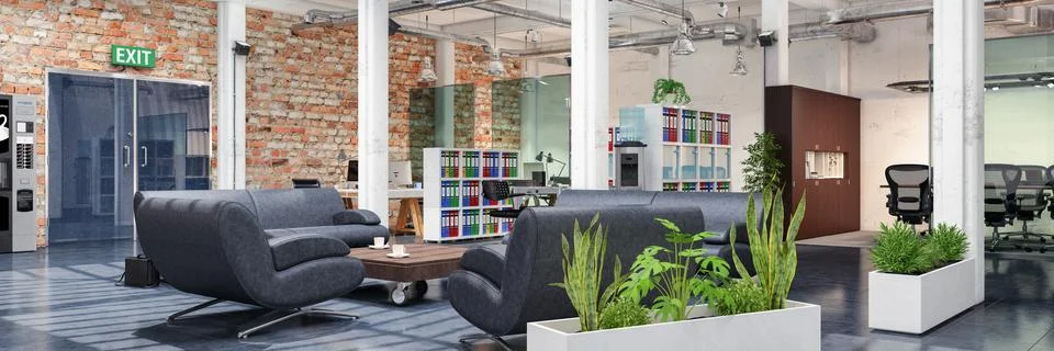 3d render - open plan office - office building Ilustración de archivo