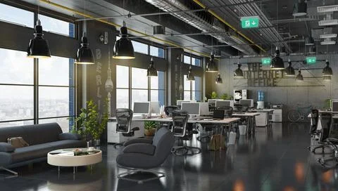 3d render - open plan office - office building Ilustración de archivo