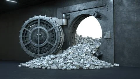 3d render Opening Of The Vault Door In Bank with a lot of money 스톡 일러스트