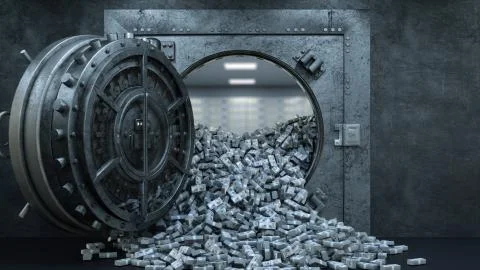 3d render Opening Of The Vault Door In Bank with a lot of money Ilustración de archivo