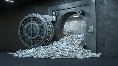 3d render Opening Of The Vault Door In Bank with a lot of money Stock Illustration