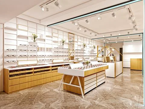 3d render of optic glassess shop Illustrazione stock