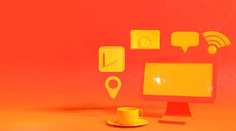 3D Render, orange and yellow computer monitor with online icon Illustrazione stock