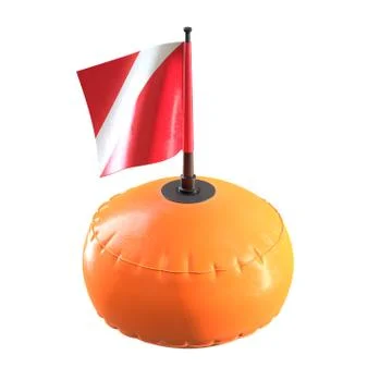 3D render of orange diving scuba buoy with flag isolated on white Illustrazione stock