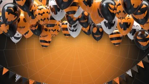 3d render orange gradient background of halloween balloons hanging flags on a Stock Illustration