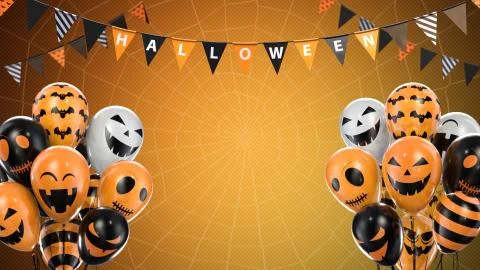 3d render orange gradient background of halloween balloons hanging flags on a Illustrazione stock