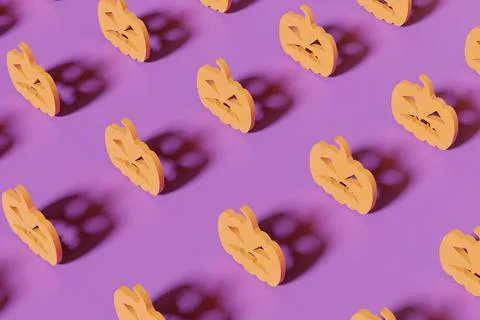 3d render orange pumpkin faces on a violet background. Modern creative 3d Stock Photos