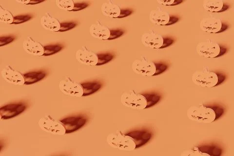 3d render orange pumpkin faces on an orange background. Modern creative 3d Stock Photos