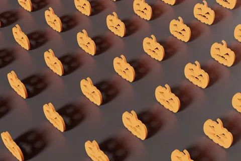 3d render orange pumpkin silhouettes on a black background. Modern creative 3d Stock Photos