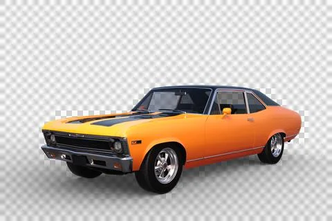 3D render of an orange retro American muscle car isolated on transparent back Stock Illustration