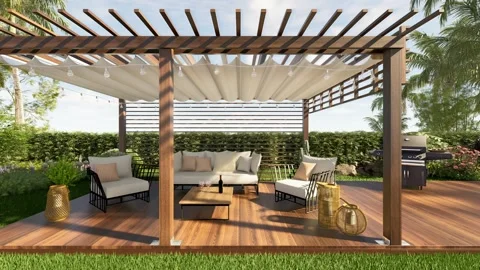 3D render orbit shot of a teak wood backyard Garden pergola Stock Footage 276374127