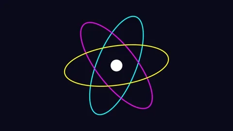 3D render of orbital rings rotating around core creating abstract atom Stock Footage 334154948