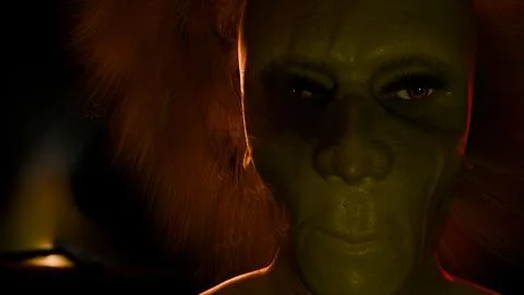 3d render of orc like figure staring at camera with fire in background Stock Illustration