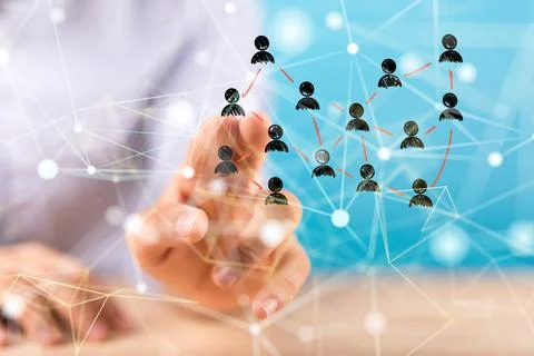3d render of organization network team concept networking. people with blurred m Foto stock
