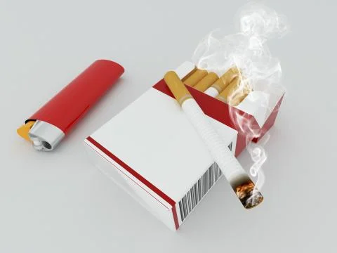 3D render of a pack of cigarettes with red lighter Stock Illustration