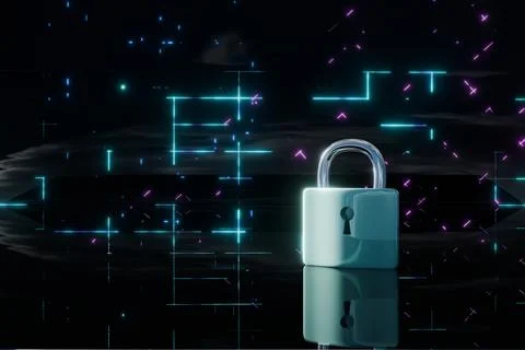 3d render of padlock and glowing cyberpunk environment 스톡 일러스트