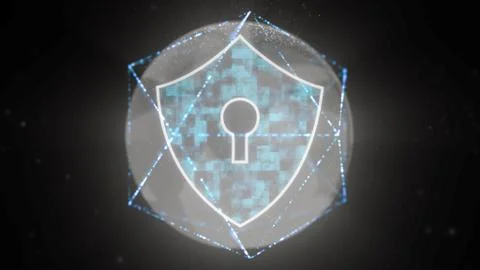 3d render padlock icon inside hexagon 3d frame full of deep fog over darkness. Illustrazione stock