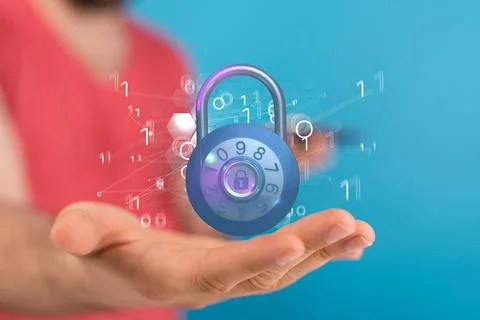 3D render of a padlock surrounded by binary codes being manipulated in a hologra Stock Photos
