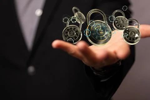 3D render of padlocks being manipulated in a holographic manner Stock Photos