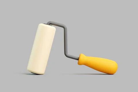 3D render of paint roller with yellow handle lying on grey surface Stock Illustration