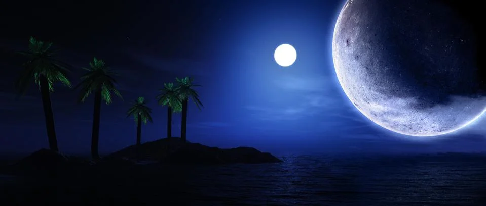 3D render of palm tree island with planets Stock Illustration
