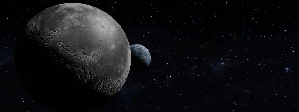 3d Render of a Panoramic Earth globe on the galaxy background with moon infront Illustrazione stock