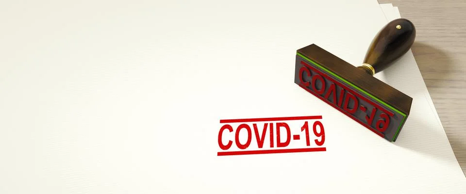 3D render of a paper background with a stamp and the word COVID-19 イラスト素材
