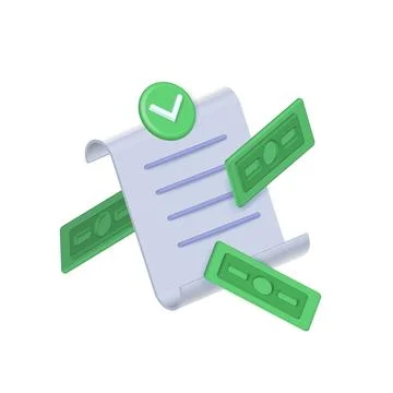 3D render Paper bill of transaction receipt payment icon with green banknotes Stock Illustration