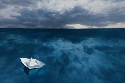 3d render of paper boat sailing on blue still water with dramatic sky above 스톡 일러스트