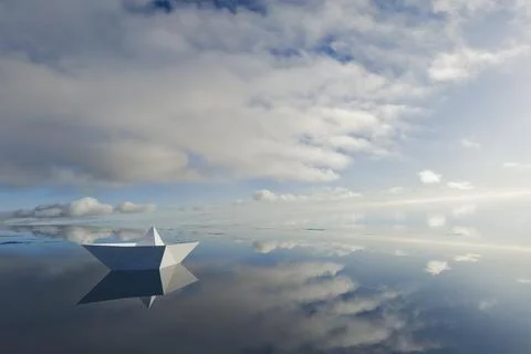 3d render of paper boat sailing on blue still water with dramatic sky above Stock Illustration