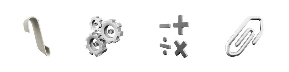 3d render paper roll, gear, mathmetical operations, attach icon set on white Stock Illustration