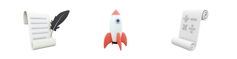 3d render paper roll, rocket, mathmetical operations icon set on white Stock Illustration