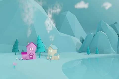 3d render of pastel blue village and low polly mountains Stock Illustration