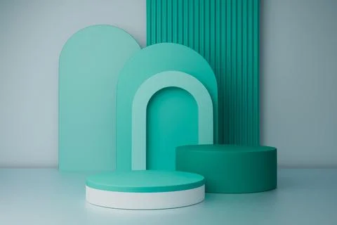 3D render Pastel podiums blue, teal with arch shapes on a light blue base Stock Illustration