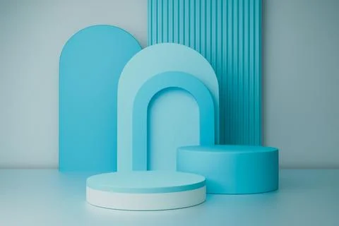 3D render Pastel podiums blue, teal with arch shapes on a white base Stock Illustration