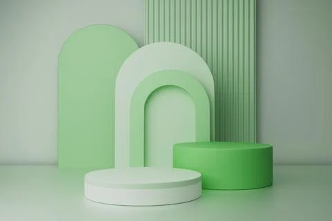 3D render Pastel podiums green, mint with arch shapes on a white base 스톡 일러스트