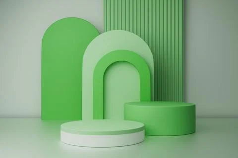 3D render Pastel podiums green, mint with arch shapes on a white base 스톡 일러스트