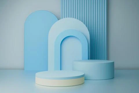 3D render Pastel podiums on a light blue background with a circular arch Stock Illustration