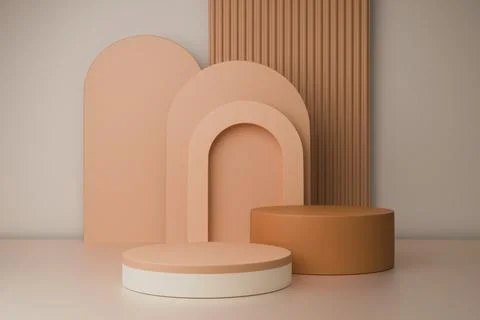 3D render Pastel podiums peach, beige with arch shapes on a white base Stock Illustration