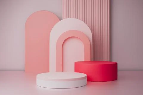 3D render Pastel podiums pink, red with arch shapes on a white base Stock Illustration
